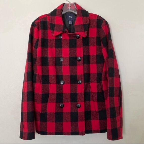 Gap wool blend pea coat in red and black check. Lined. Front pockets. Size M - Picture 2 of 9